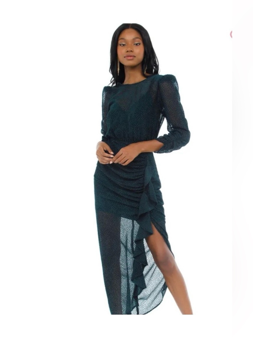 Astr The Label Emerald Green Ruffle High-Low Midi Dress